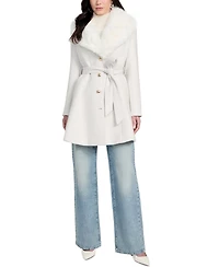 Guess Women's Belted Faux-Fur-Collar Button-Front Coat
