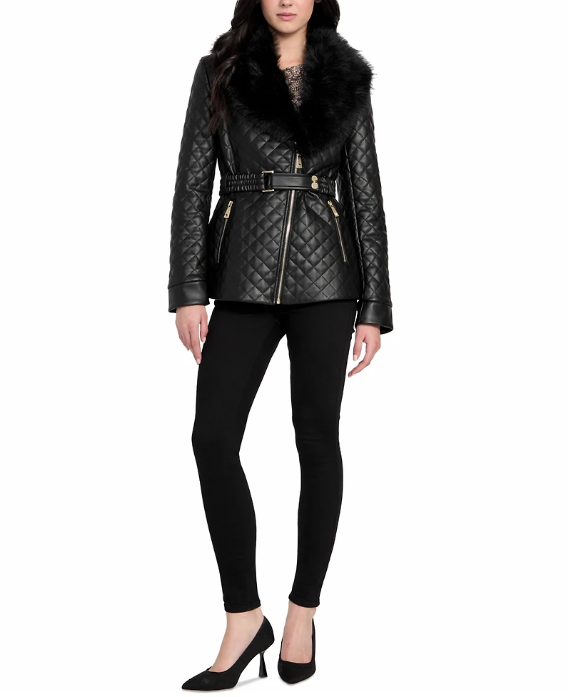 Guess Women's Quilted Faux-Fur-Collar Faux-Leather Jacket