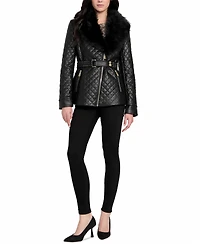 Guess Women's Quilted Faux-Fur-Collar Faux-Leather Jacket