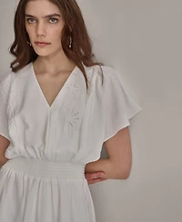 Dkny Women's V-Neck Smocked-Waist Short-Sleeve Dress