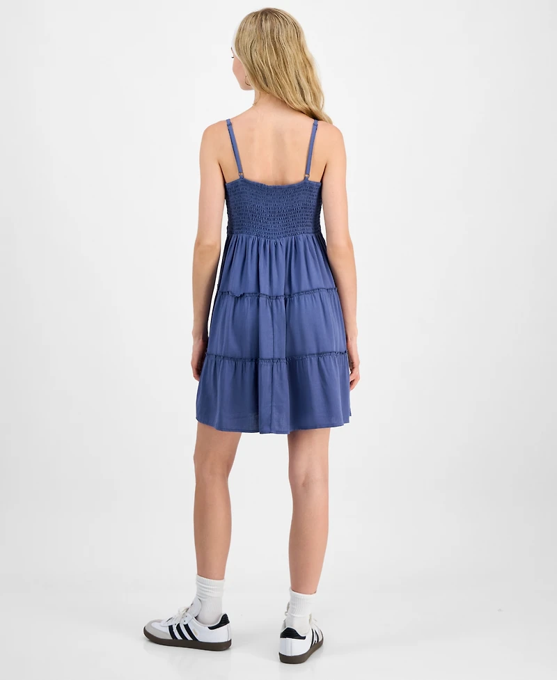 Pink Rose Juniors' Crochet-Bodice Tiered Mini Dress