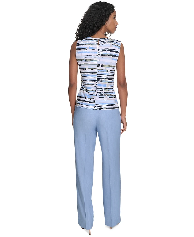 Calvin Klein Petite Striped Pleated-Neck Top
