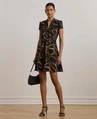 Lauren Ralph Lauren Womens Belting Print Crepe Tie Front Dress 0 14p