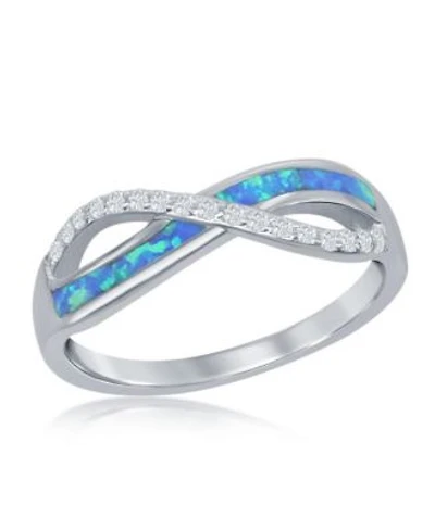 Sterling Silver Cz Blue Inlay Synthetic Opal Infinity Ring