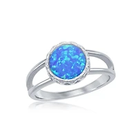 Sterling Silver Round Blue Inlay Synthetic Opal Open Band Ring