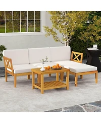 5 Pcs Acacia Wood Patio Furniture Set with 2-Tier Coffee Table and Cushions