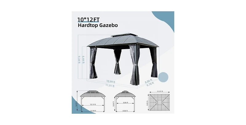 Outdoor Gazebo 10'x12', Permanent Hardtop Gazebo with Aluminum Frame for Patios Deck Backyard, Galvanized Steel Double Roof, Curtains and Netting for