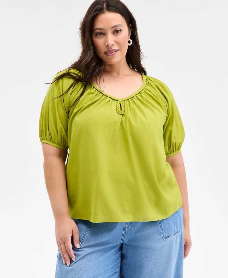 On 34th Trendy Plus Braided-Trim Short-Sleeve Top, Exclusively at Macy's