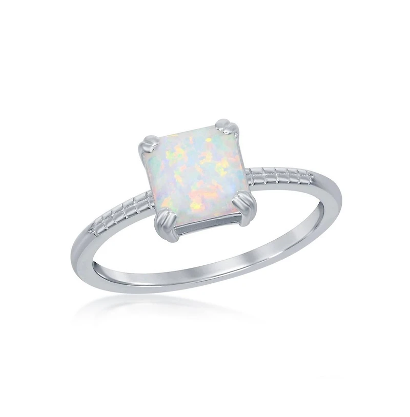 Sterling Silver Square White Synthetic Opal Beaded Band Ring