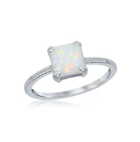 Sterling Silver Square White Synthetic Opal Beaded Band Ring