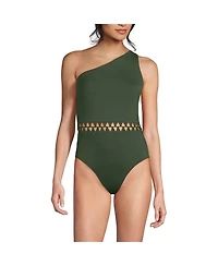 Lands' End Women's Macrame One Shoulder High Leg Piece Swimsuit