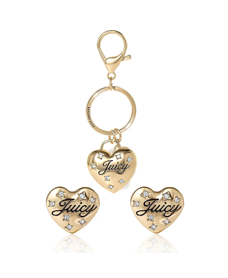 Juicy Couture Gold-Tone Heart Keychain & Earring Set with Crystal Accents