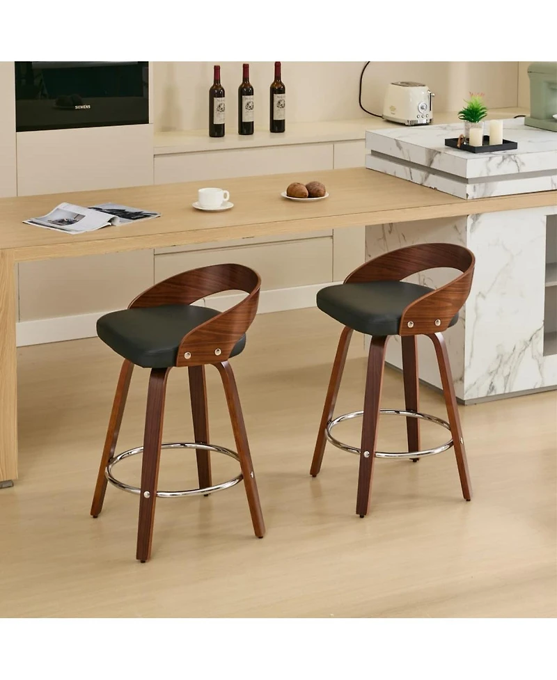 Set of 2 Swivel Counter Height Stools with Low Back, 24.8'' Wood Chairs with Cushioned Seat for Kitchen or Dining Room-The Pop Home