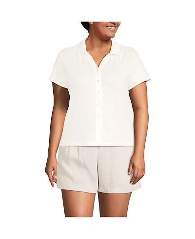 Lands' End Women's Plus Linen Blend Short Sleeve Button Front Polo Top