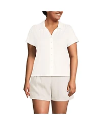 Lands' End Women's Plus Linen Blend Short Sleeve Button Front Polo Top
