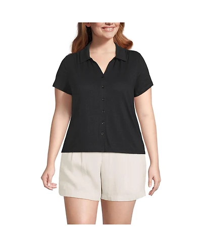 Lands' End Women's Plus Linen Blend Short Sleeve Button Front Polo Top