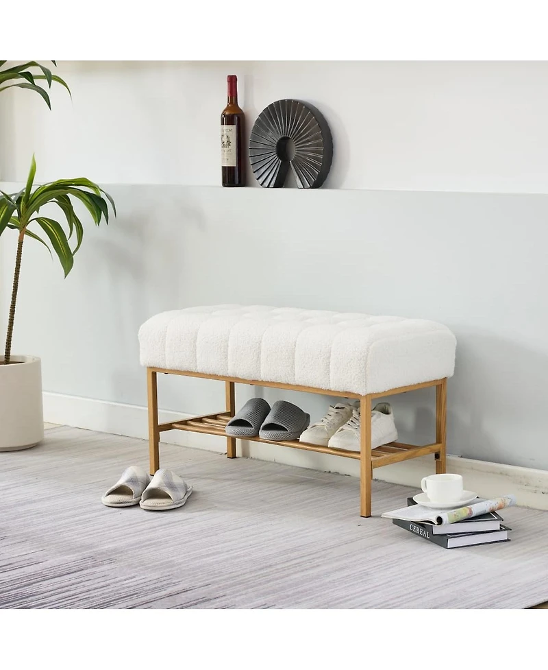 Tufted Bedroom Bench with Storage Rack Upholstered Shoe Bench with Metal Legs for End of Bed Entryway Living Room or Closet Seating-The Pop Home