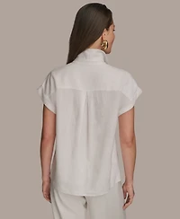 Donna Karan New York Women's Short Sleeve Linen-Blend Collared Shirt