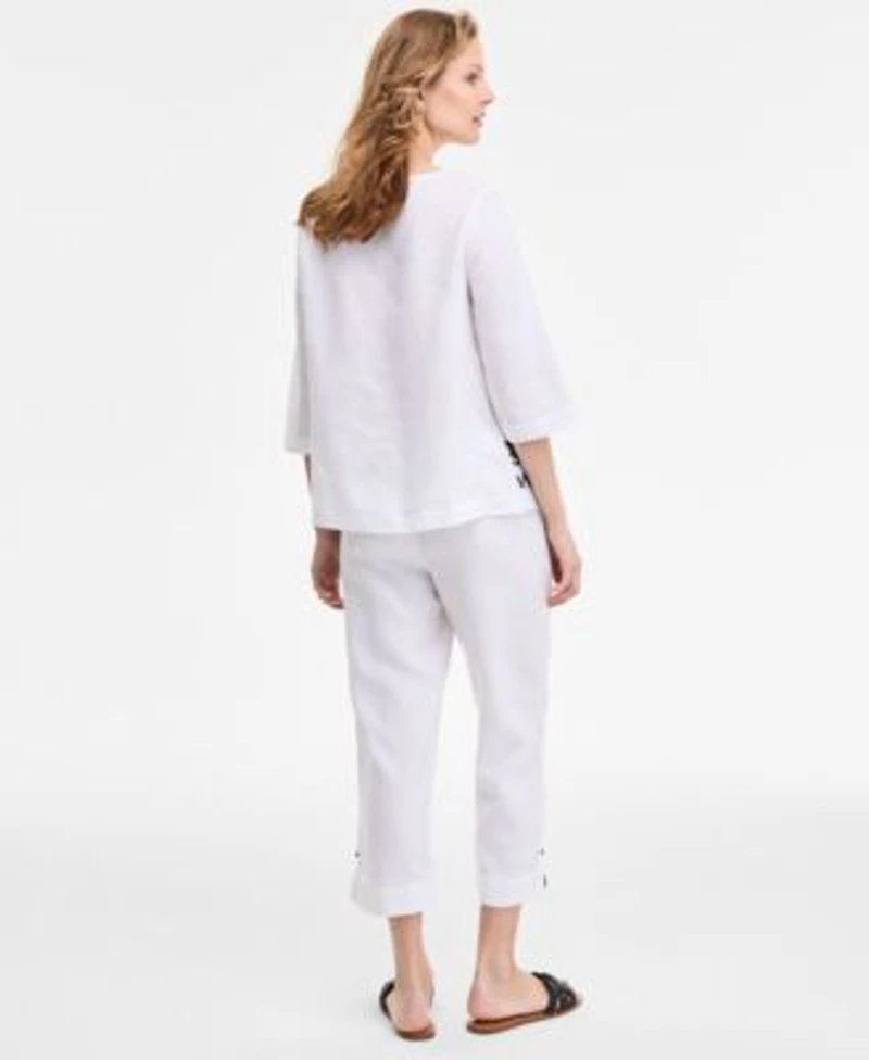 Charter Club Womens Palm Applique 100 Linen Top Woven Applique 100 Linen Pull On Cropped Pants Exclusively At Macys