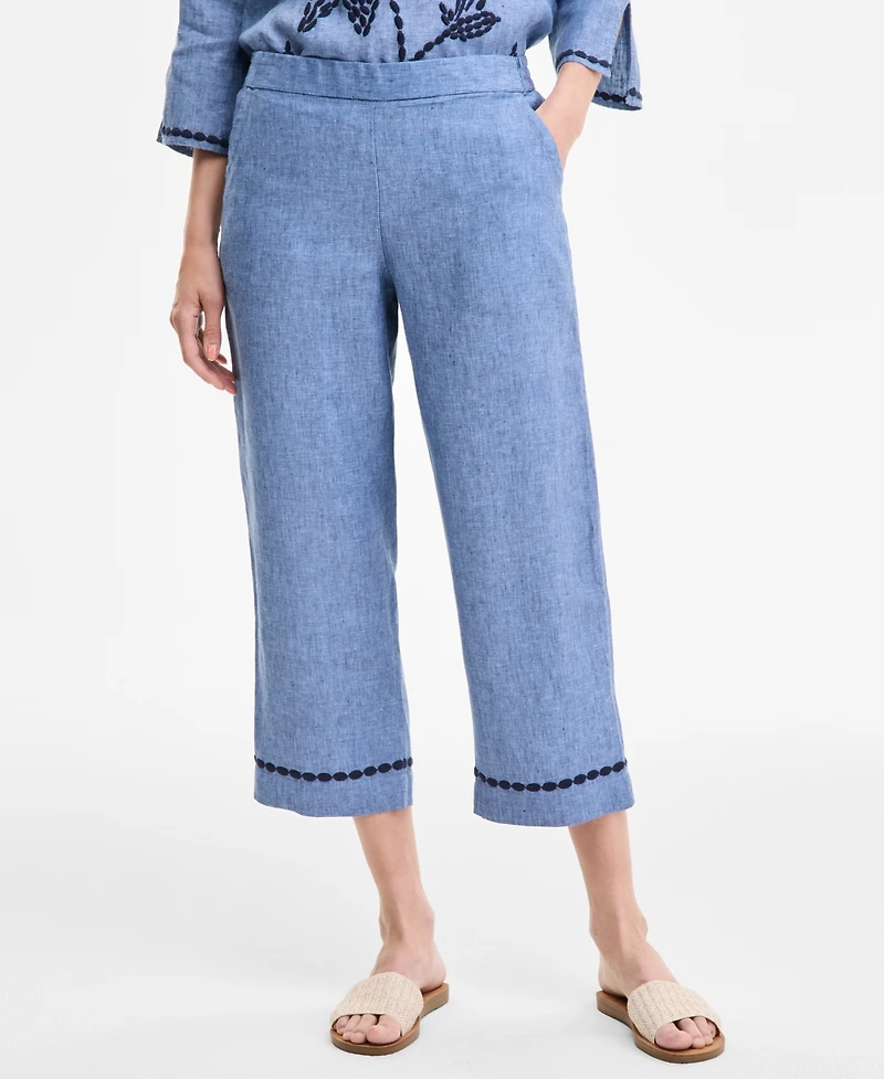 Charter Club Women's Embroidered-Cuff 100% Linen Woven Cropped Pants, Exclusively at Macy's