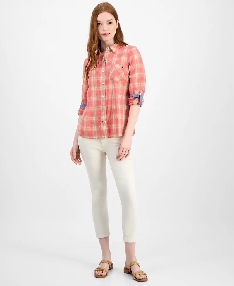 Tommy Hilfiger Women's Crinkled Plaid Roll-Tab Shirt