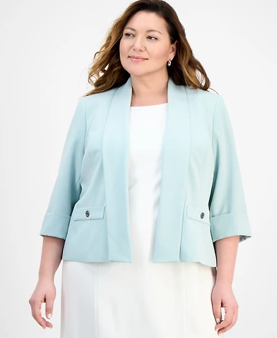 Kasper Plus Shawl-Collar Cuffed 3/4-Sleeve Jacket