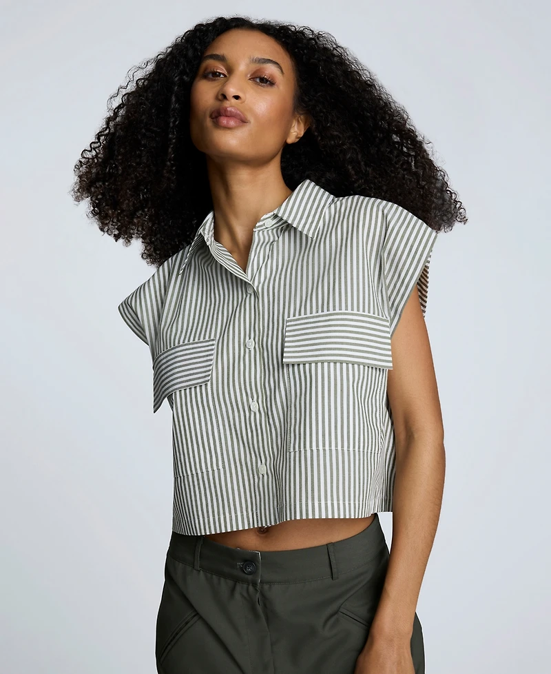 Kenneth Cole Women's Cotton Striped Cropped Sleeveless Shirt