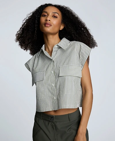 Kenneth Cole Women's Cotton Striped Cropped Sleeveless Shirt