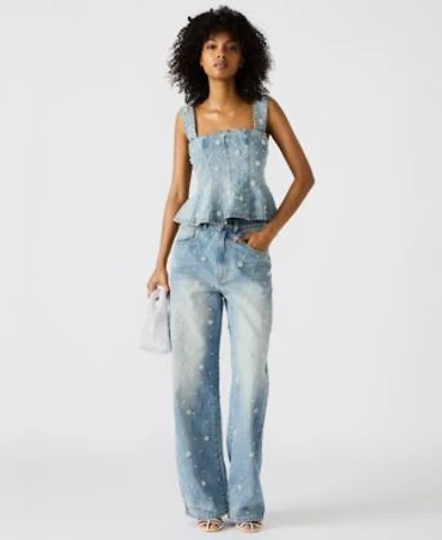 Steve Madden Womens Embellished Denim Fiorella Peplum Top Fianna Barrel Leg Jeans