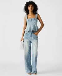 Steve Madden Womens Embellished Denim Fiorella Peplum Top Fianna Barrel Leg Jeans