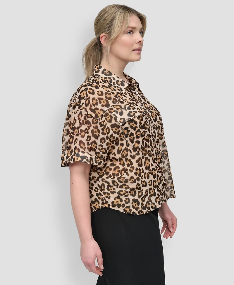 Dkny Plus Animal Print Short-Sleeve Button-Front Shirt
