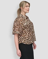 Dkny Plus Animal Print Short-Sleeve Button-Front Shirt