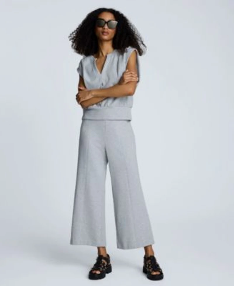 Kenneth Cole Womens Pleated Shoulder Split Neck Tank Top High Rise Pull On Wide Leg Pants