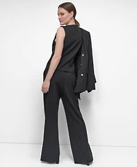 Dkny Womens Pinstriped Crewneck Button Front Vest High Rise Flare Leg Pants