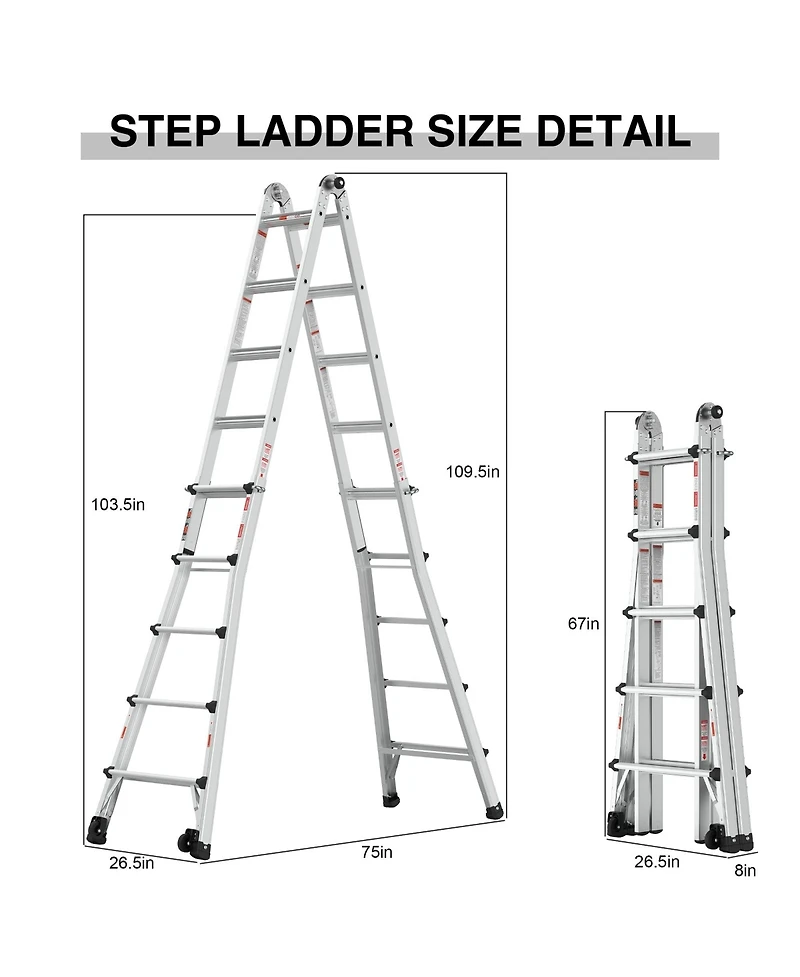 15 ft. Reach Hight Aluminum Multi-Position Ladder with Wheels, 300 lbs. Weight Rating, Step Stools