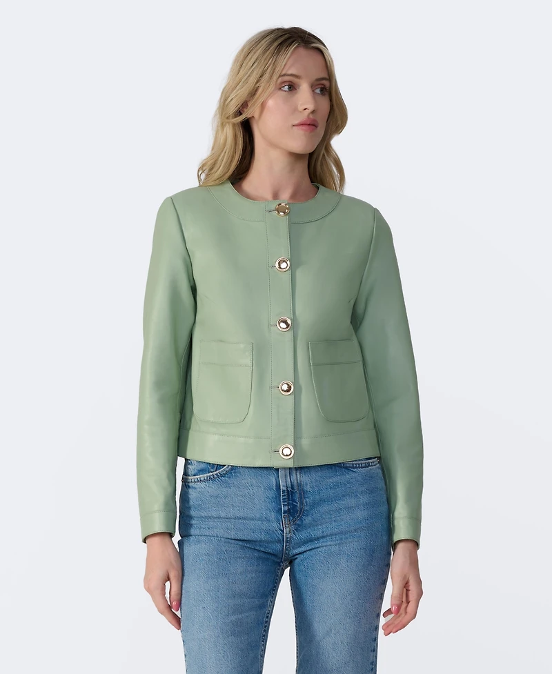 Furniq Uk Women's Cropped Leather Jacket With Gold Buttons, Created for Macy's