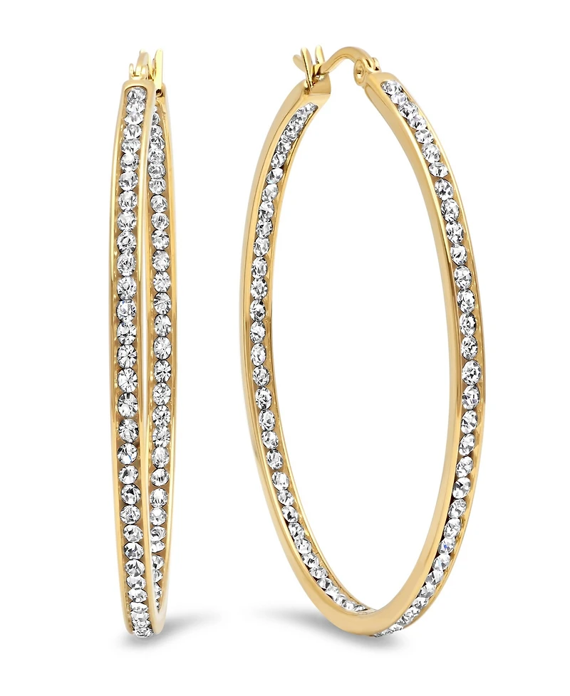 Steeltime Women's Stainless Steel and Out Simulated Diamond Hoop Earrings