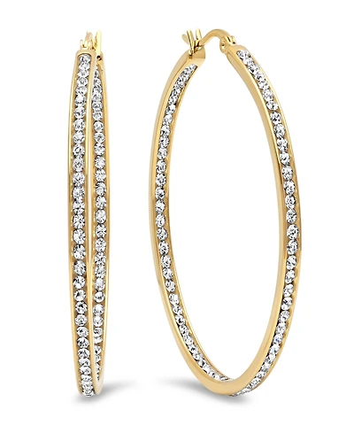 Steeltime Women's Stainless Steel and Out Simulated Diamond Hoop Earrings