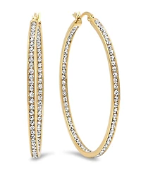 Steeltime Women's Stainless Steel and Out Simulated Diamond Hoop Earrings
