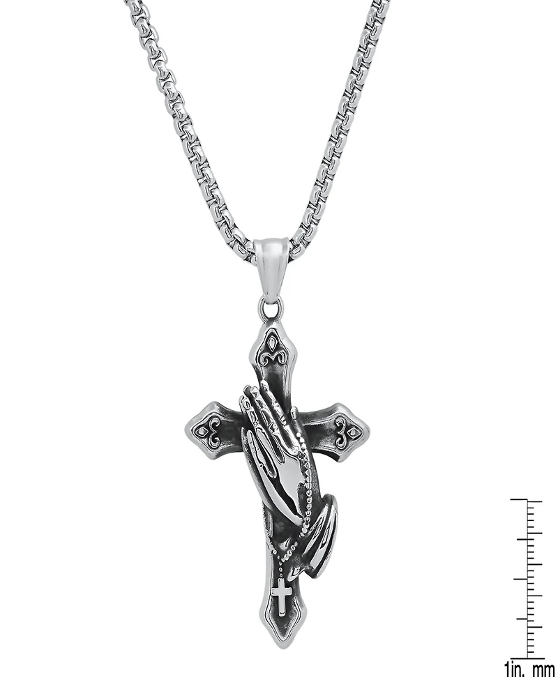 Steeltime Men's Stainless-Steel Prayer Hand and Cross Pendant Necklace