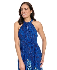London Times Women's Shirred Halter Keyhole Maxi Dress