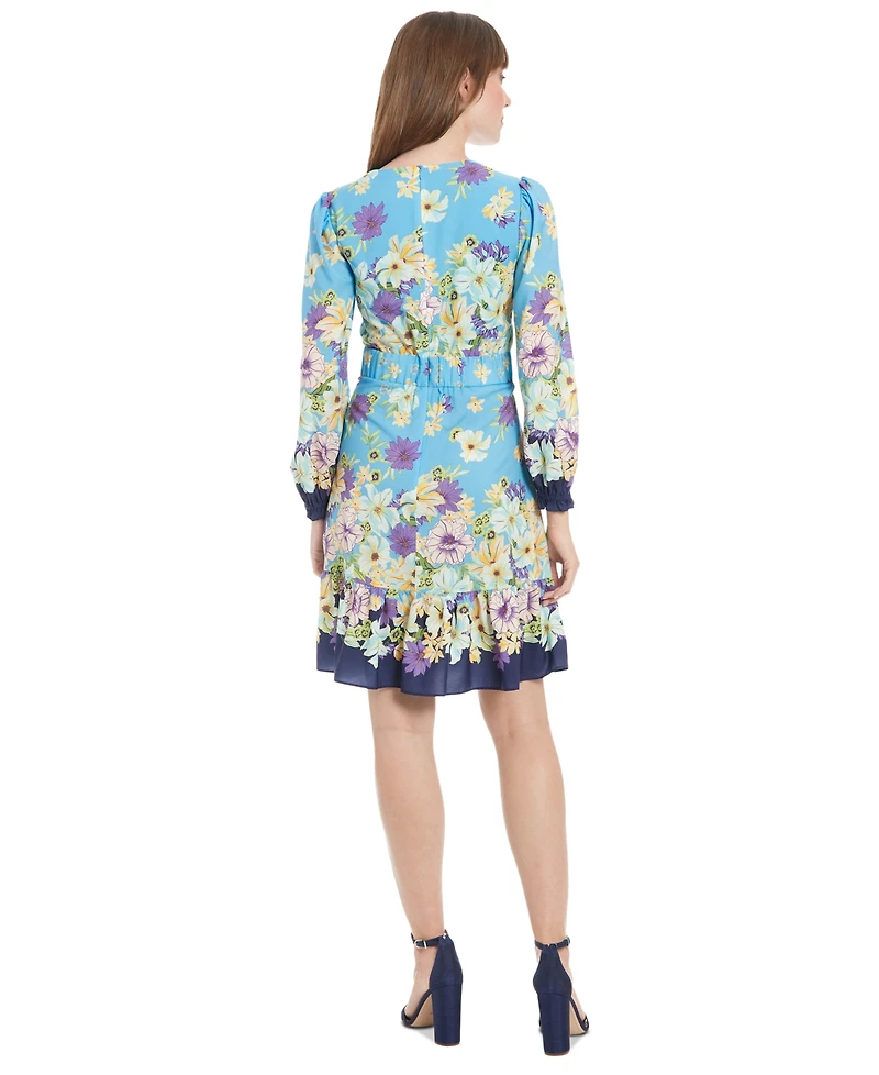 London Times Women's Printed V-Neck Long-Sleeve Dress