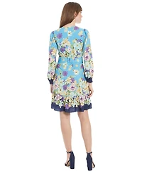 London Times Women's Printed V-Neck Long-Sleeve Dress