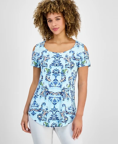 Jm Collection Women's Printed Short-Sleeve Cold-Shoulder Top, Created for Macy's