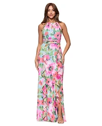 Xscape Women's Floral Chiffon Ruffled Tiered Halter Gown