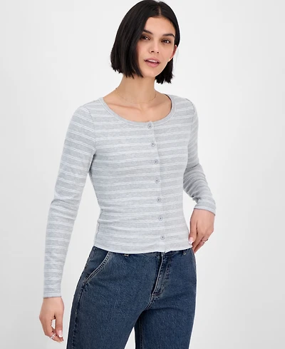 Hippie Rose Juniors' Long-Sleeve Button-Front Knit Top