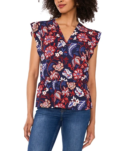 Sam & Jess Women's Printed Smocked Flutter-Sleeve Peplum Top