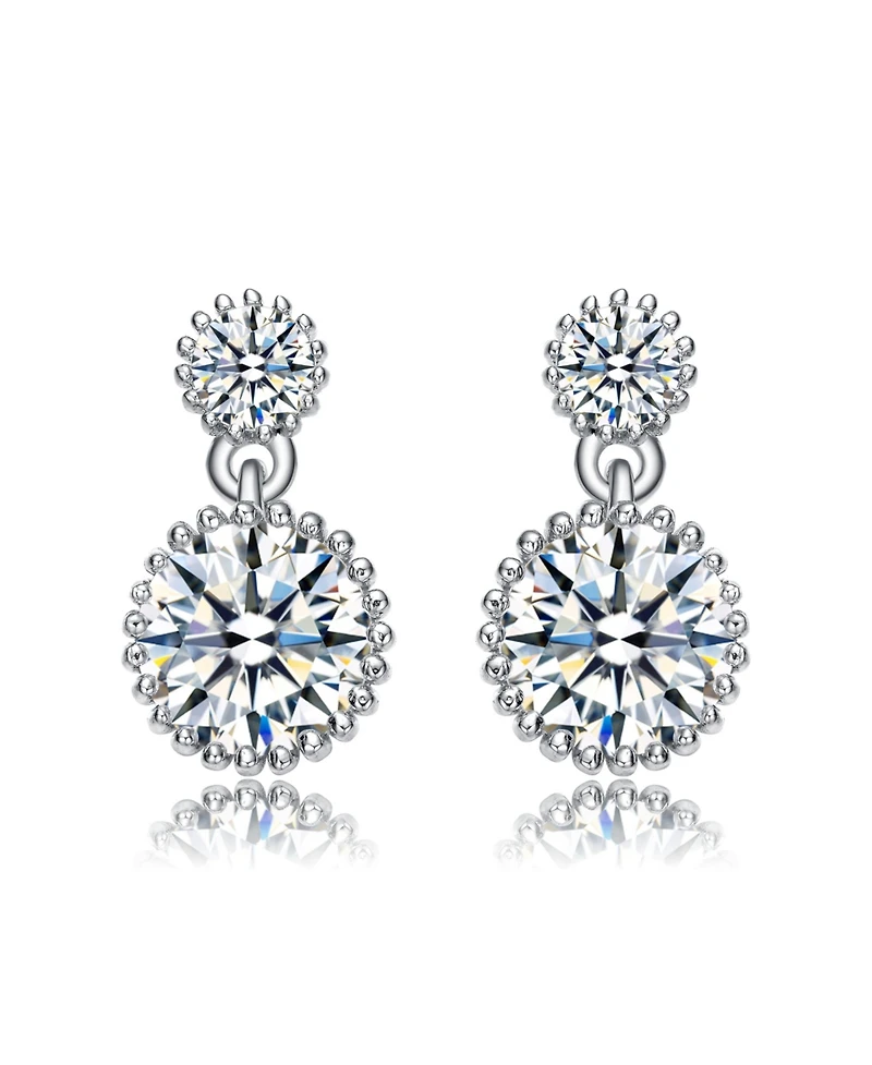 White Gold Plated with Cubic Zirconia Two-Stone Milgrain Dangle Drop Earrings