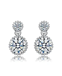 White Gold Plated with Cubic Zirconia Two-Stone Milgrain Dangle Drop Earrings