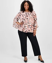 Kasper Plus Size Printed Bell-Sleeve Blouse